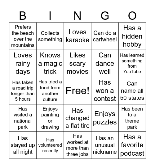 Friendship Bingo Card