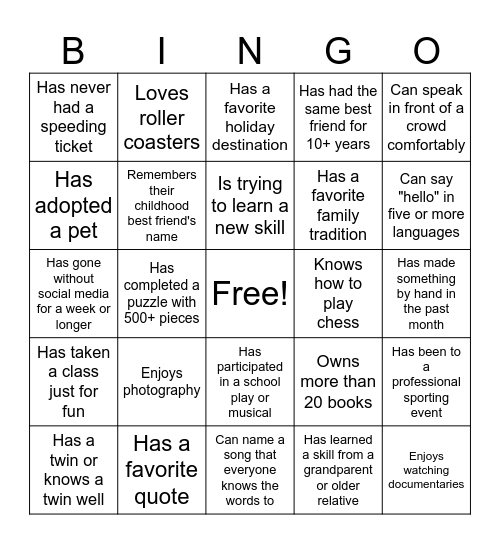 Friendship Bingo Card