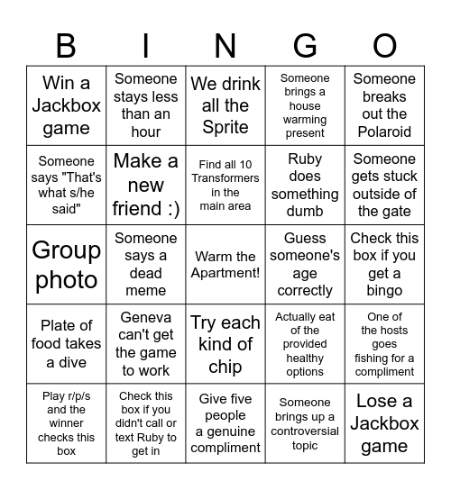 Apartmentwarming Bingo Card