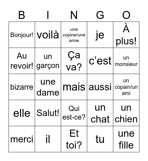 Vokabel-Bingo: Au début / Unité 1 Bingo Card