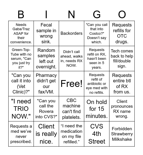 Pharm/Lab Bingo Card
