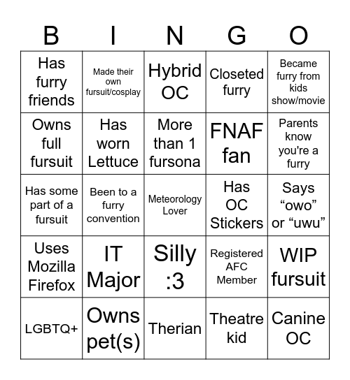 AFC Furry Bingo Card