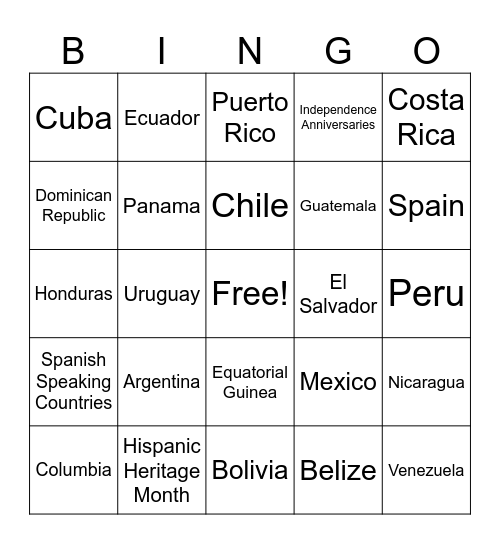 Hispanic Heritage Month Bingo Card