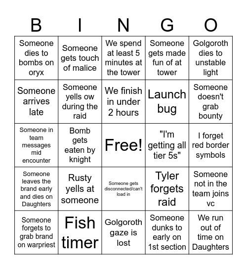 King's Fall Bingo Card