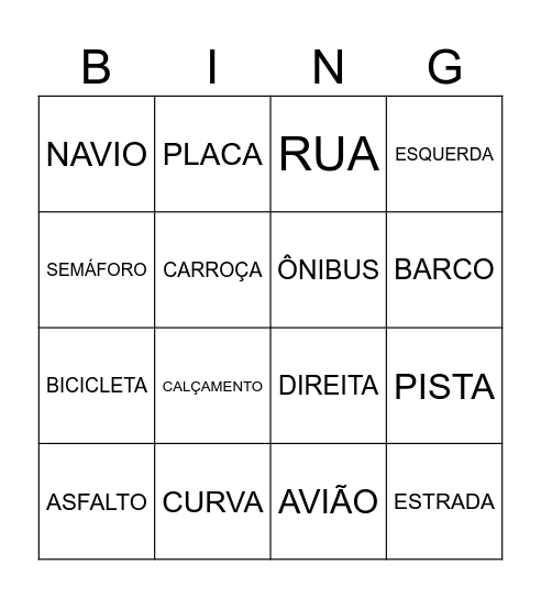 BINGO DOS MEIOS DE TRANSPORTE Bingo Card
