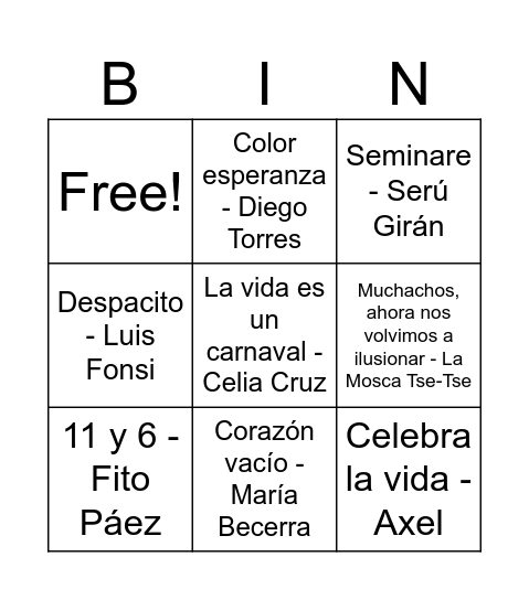 Bingo Musical Bingo Card