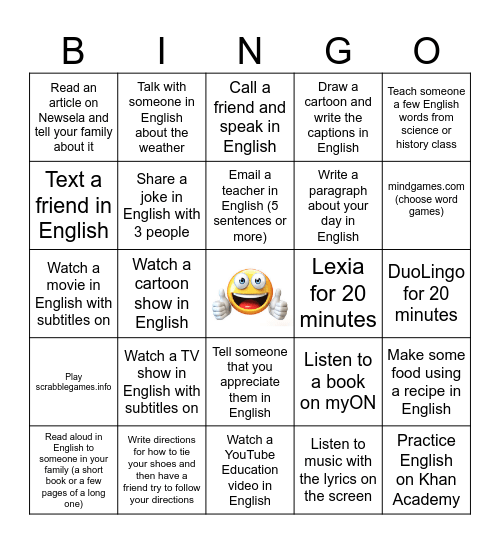 Practice  English at Home Bingo #1 Bingo Card