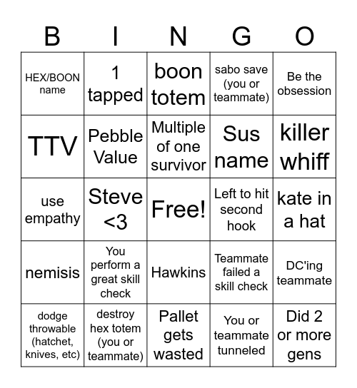 Dbd Survivor Bingo Card