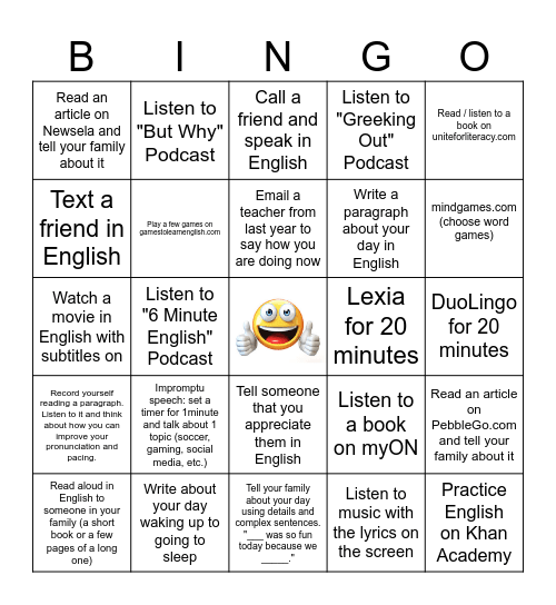 Practice  English at Home Bingo #2 Bingo Card