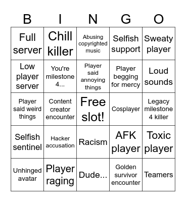 Forsaken vc servers bingo Card