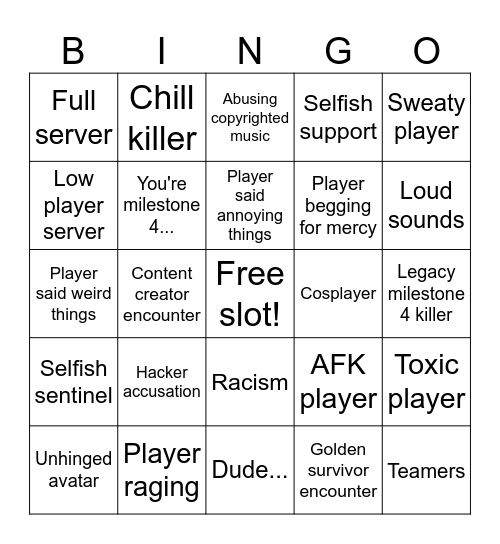 Forsaken vc servers bingo Card