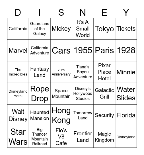 Disney Bingo Card