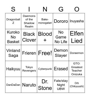 Anime Sing-O Bingo Card