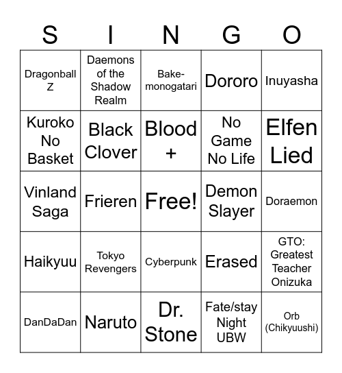 Anime Sing-O Bingo Card