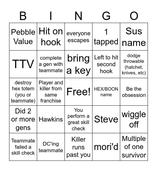 Dbd Survivor Bingo Card