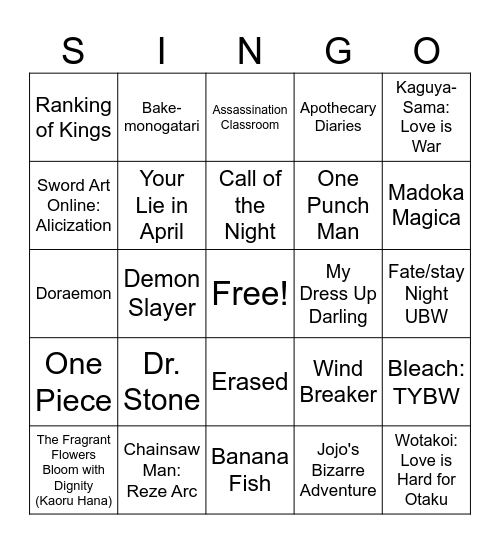 Anime OP Sing-O Bingo Card