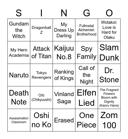 Anime OP Sing-O Bingo Card