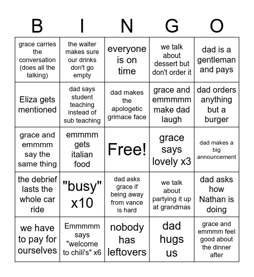 Welcome To Chili's Bingo Card