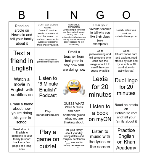 Practice  English at Home Bingo #3 Bingo Card