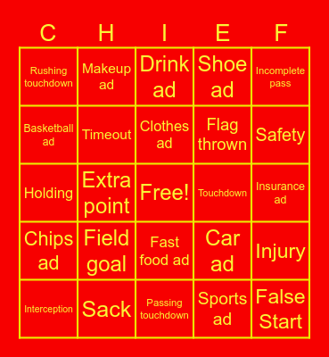 Kansas City Chiefs Bingo Card Bingo Card