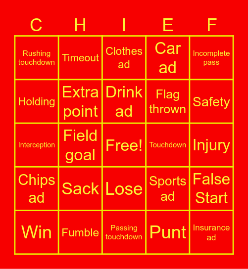 Kansas City Chiefs Bingo Card Bingo Card