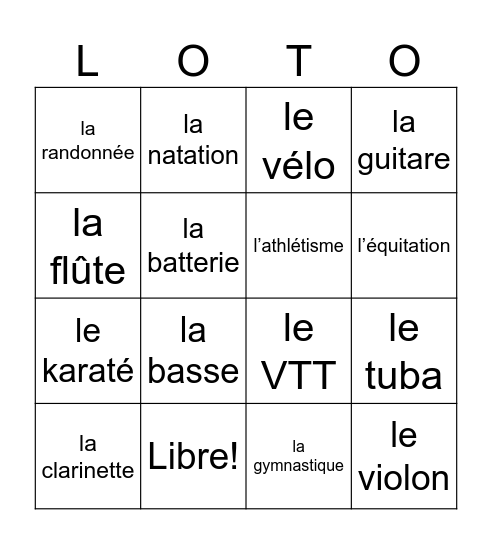 Mon temps libre Bingo Card