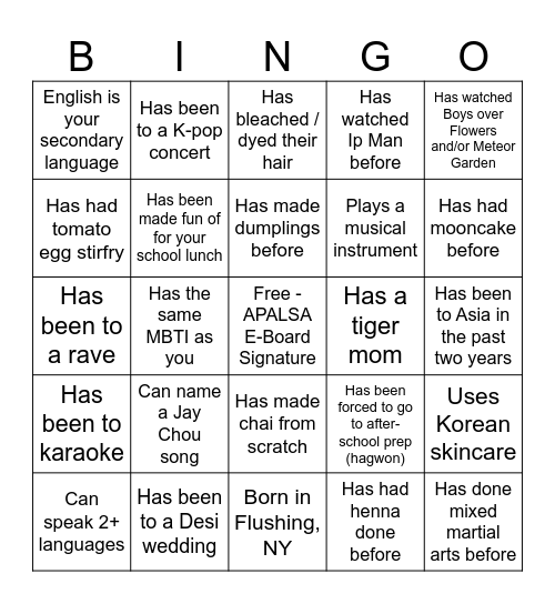 APALSA Mid-Autumn Festival Bingo Card