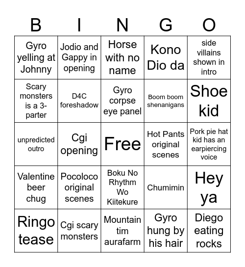 Steel Ball Run Bingo Card