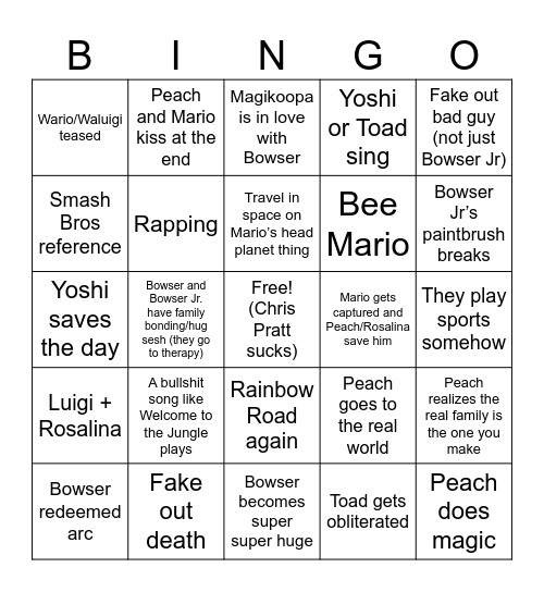 Mario Movie Bingo Card