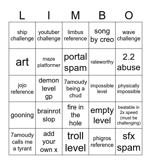 gd limbo Bingo Card
