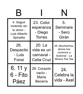 Bingo Musical Bingo Card