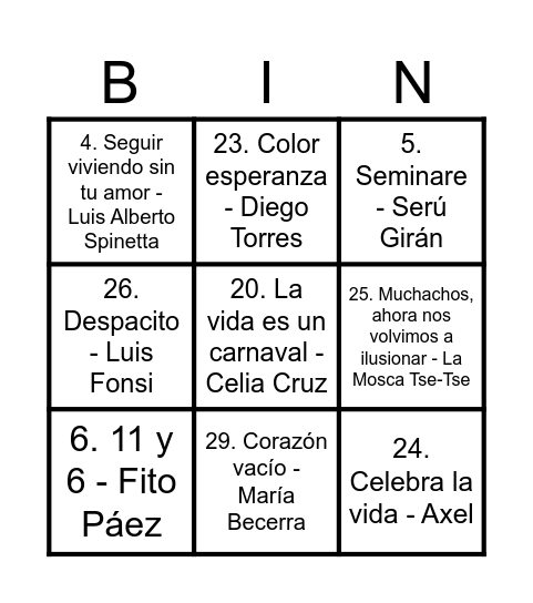 Bingo Musical Bingo Card