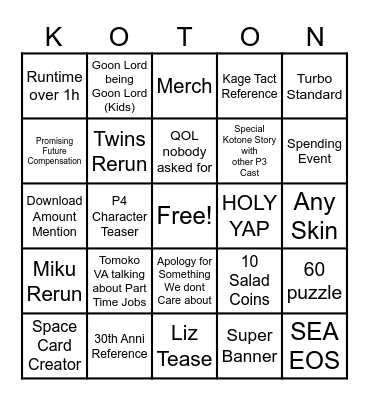 P5X Kotone Live Bingo Card
