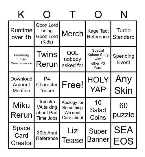 P5X Kotone Live Bingo Card