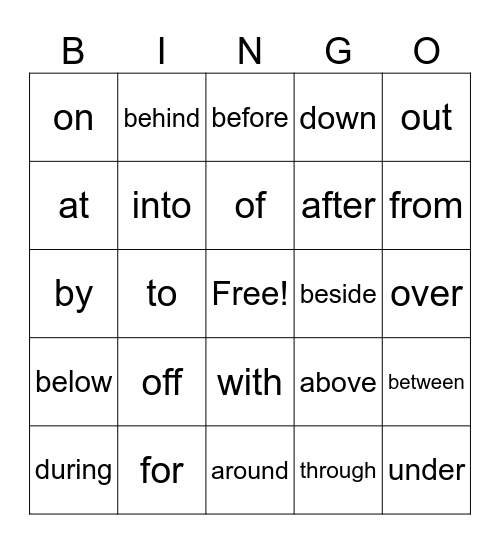 Prepositions Bingo Card