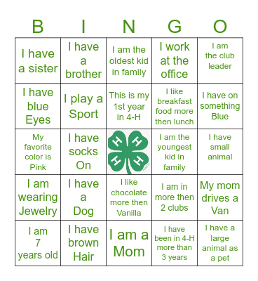 4-H get to know you Bingo Card