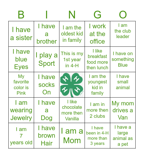 4-H get to know you Bingo Card
