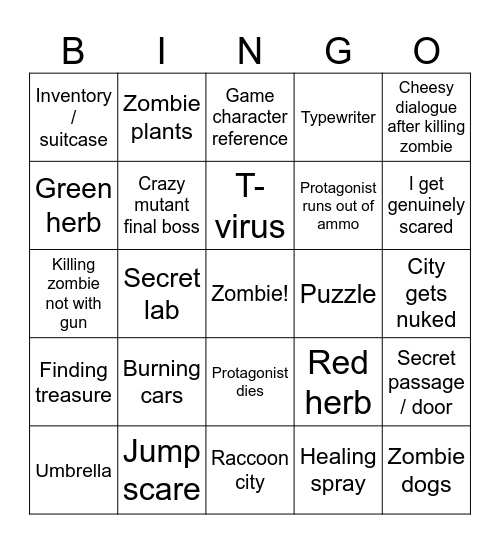 Resident Evil Bingo Card