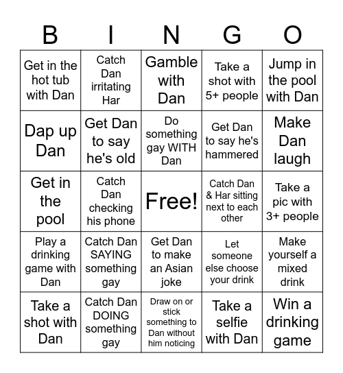 Dan's 29th Birthday Bingo Card