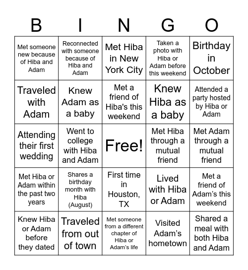 Hiba and Adam's Welcome Dinner <3 Bingo Card