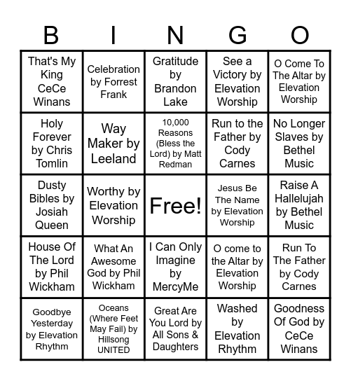 Worship Songs Bingo Card