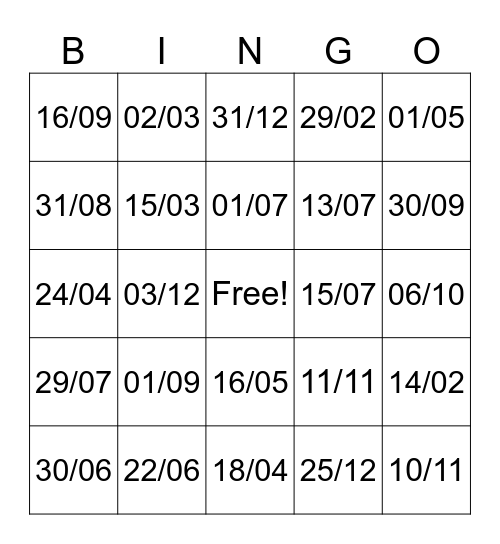 Dates en FR Bingo Card
