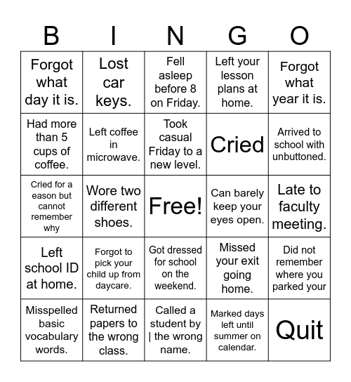 TIRED TEACHER BINGO Card