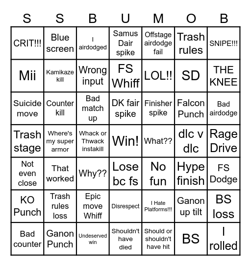 Smash Ultimate Mega Online Bingo Card