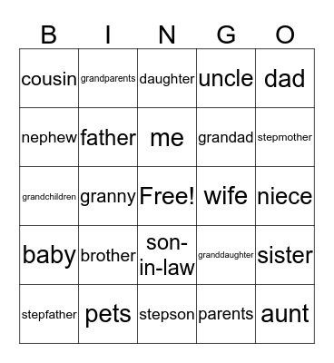 Family Words Bingo Card
