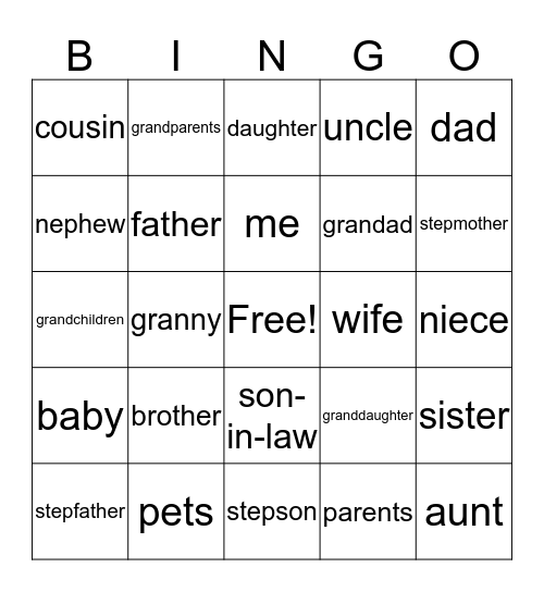 Family Words Bingo Card