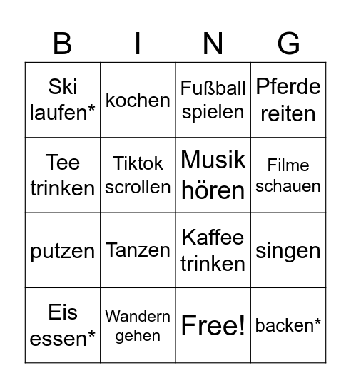 Hobbies Bingo Card