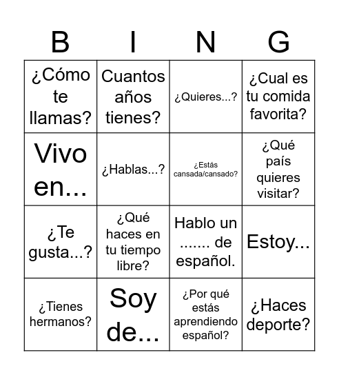 Español 1 Bingo Card