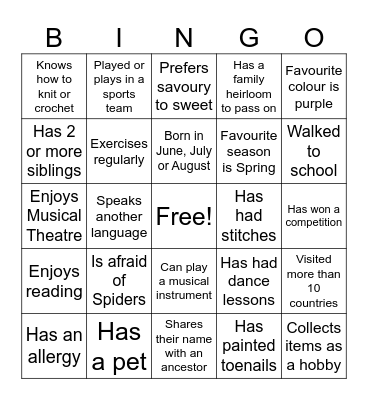 Get To Know You Bingo Card