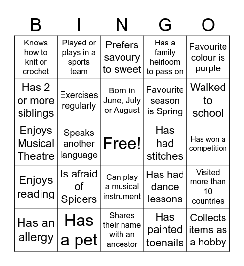 Get To Know You Bingo Card